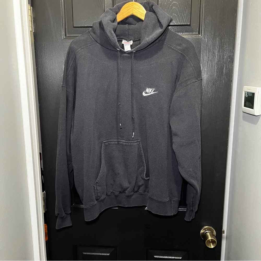 Vintage 1980s 1990s Nike Swoosh Embroidered Basic Faded Black Hoodie Grey Tag L